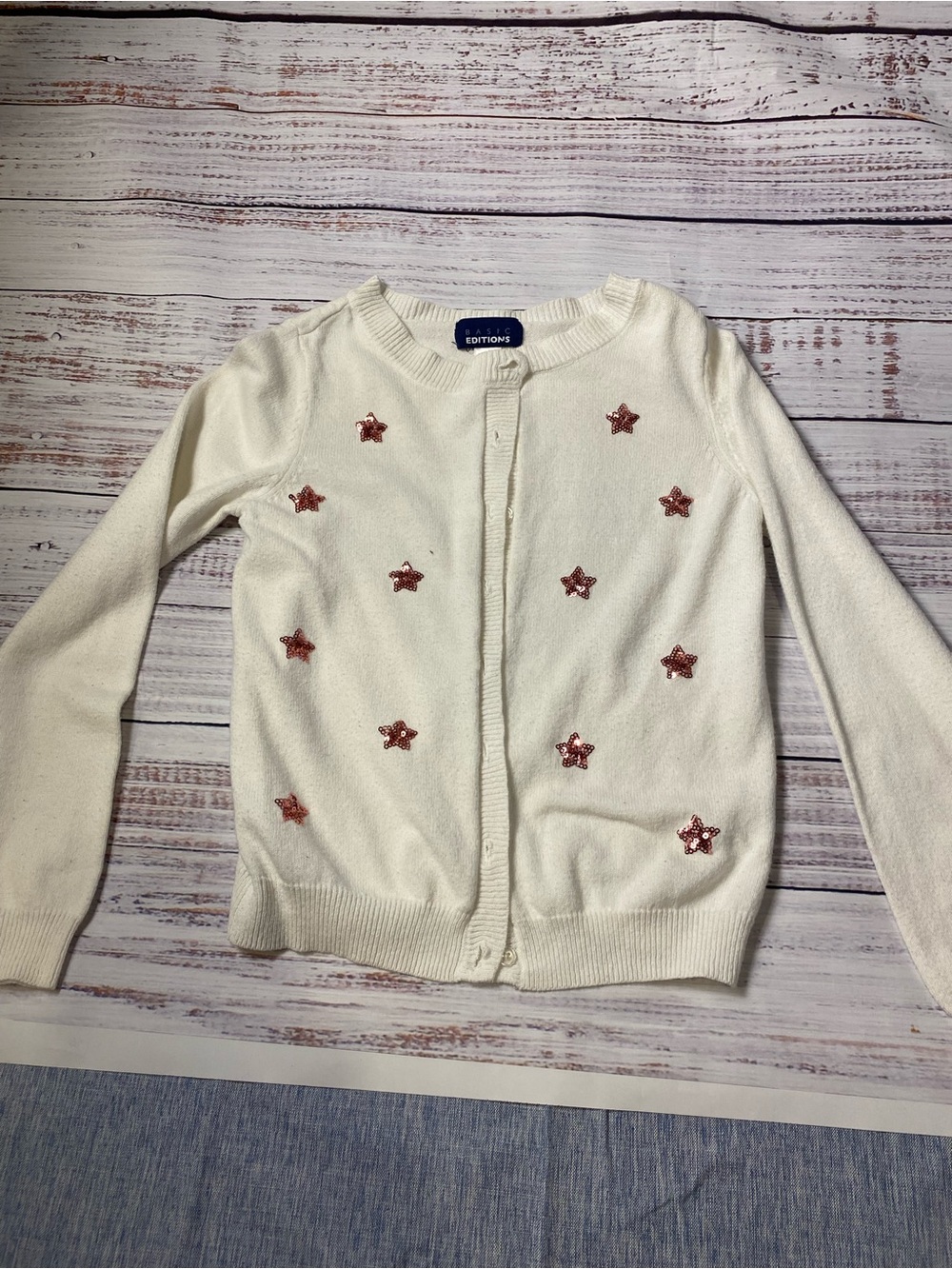 Basic Editions Cream Cardigan with Rose Gold Sequin Star Accents Sz-7-8